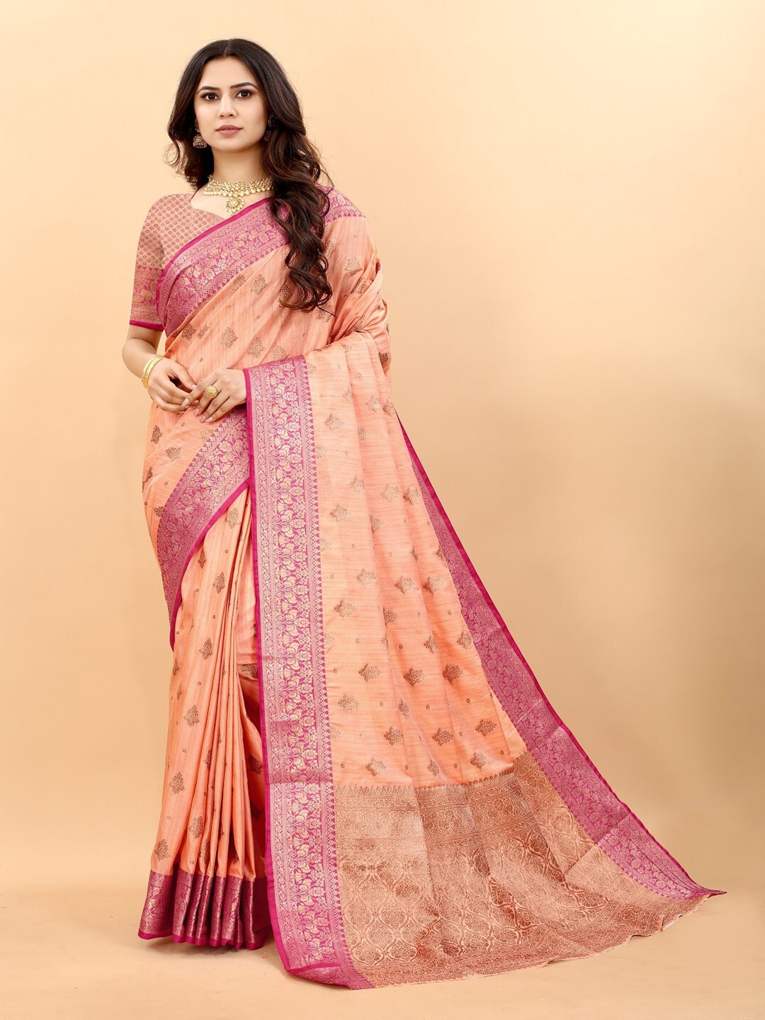 

faxofab Ethnic Motifs Woven Design Zari Silk Blend Designer Banarasi Saree, Peach