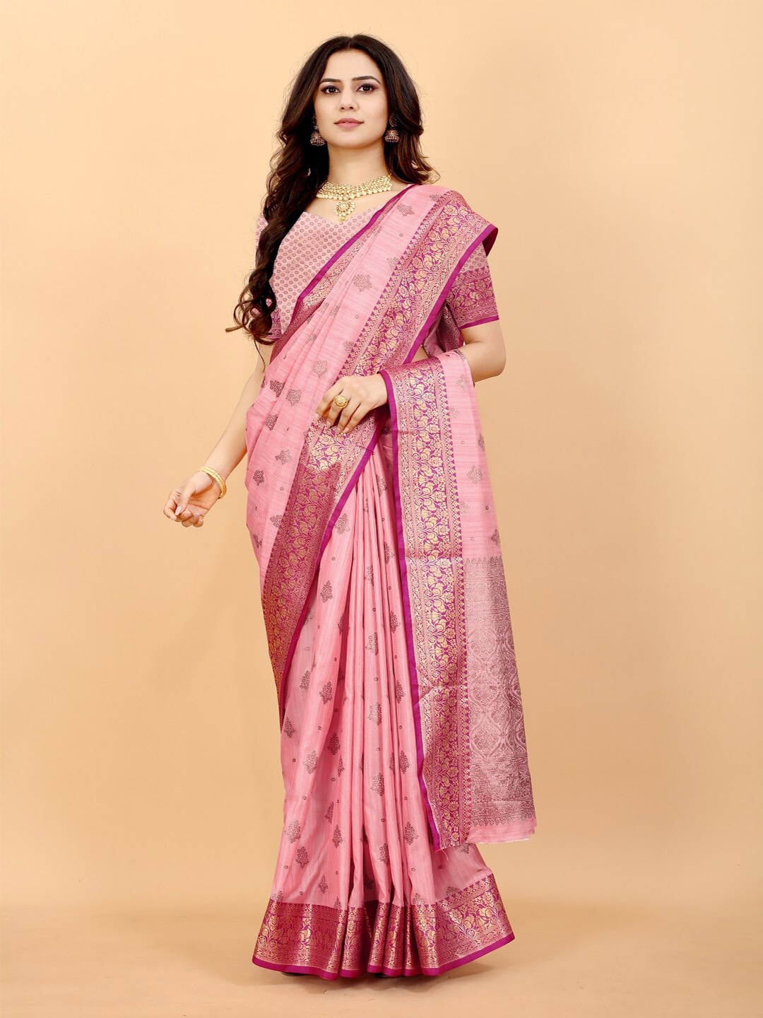 

faxofab Woven Design Zari Designer Banarasi Saree, Pink