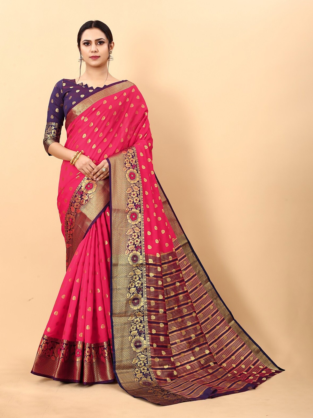 

faxofab Woven Design Zari Pure Silk Banarasi Saree, Pink