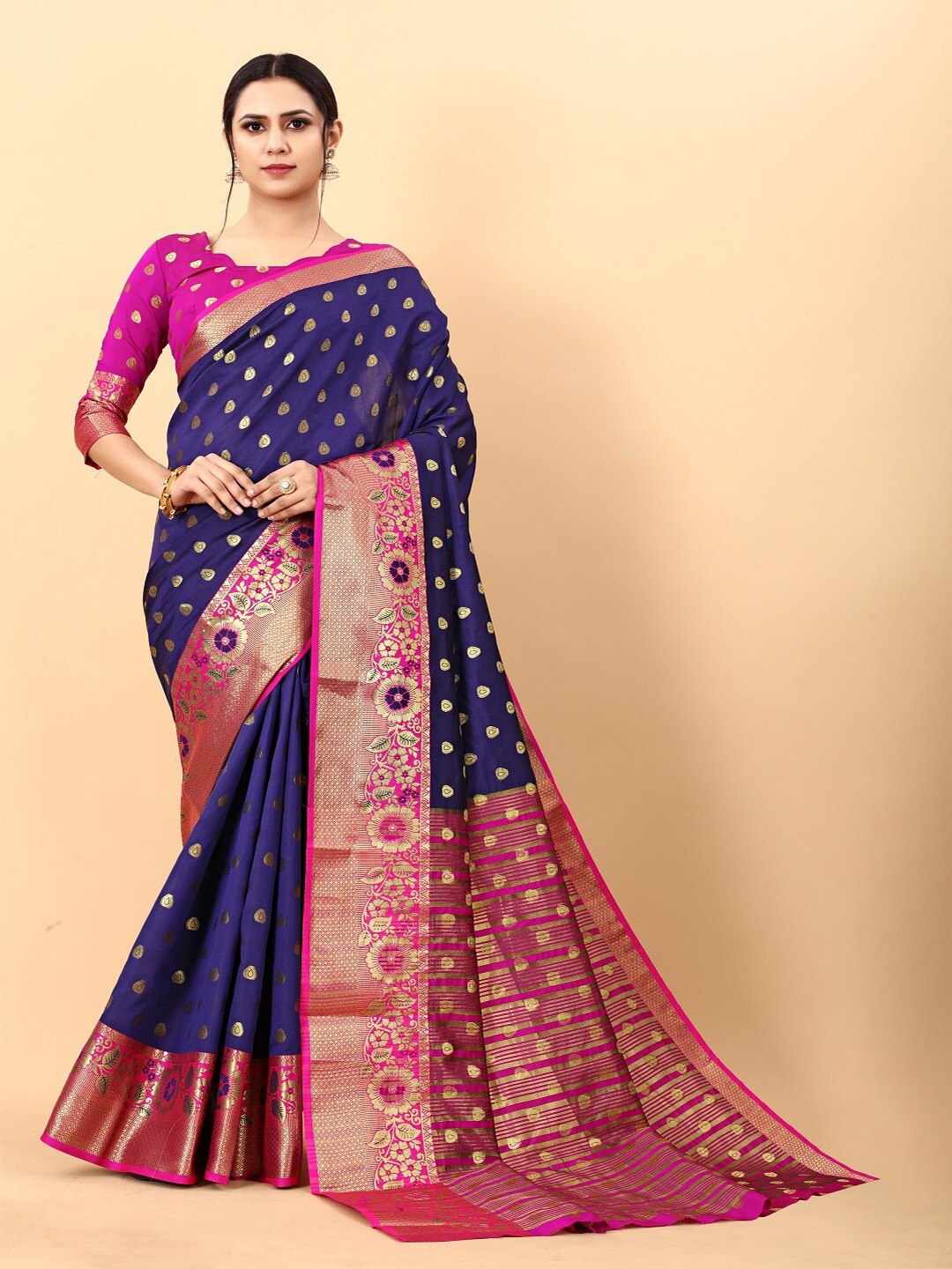 

faxofab Woven Design Zari Pure Silk Banarasi Saree, Navy blue