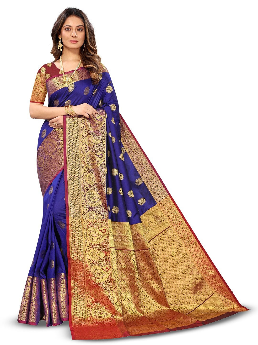 

faxofab Woven Design Zari Pure Silk Designer Banarasi Saree, Navy blue
