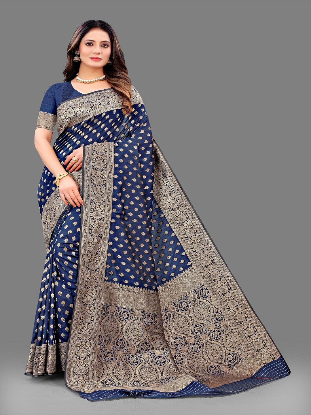 

faxofab Woven Design Zari Pure Silk Banarasi Saree, Navy blue