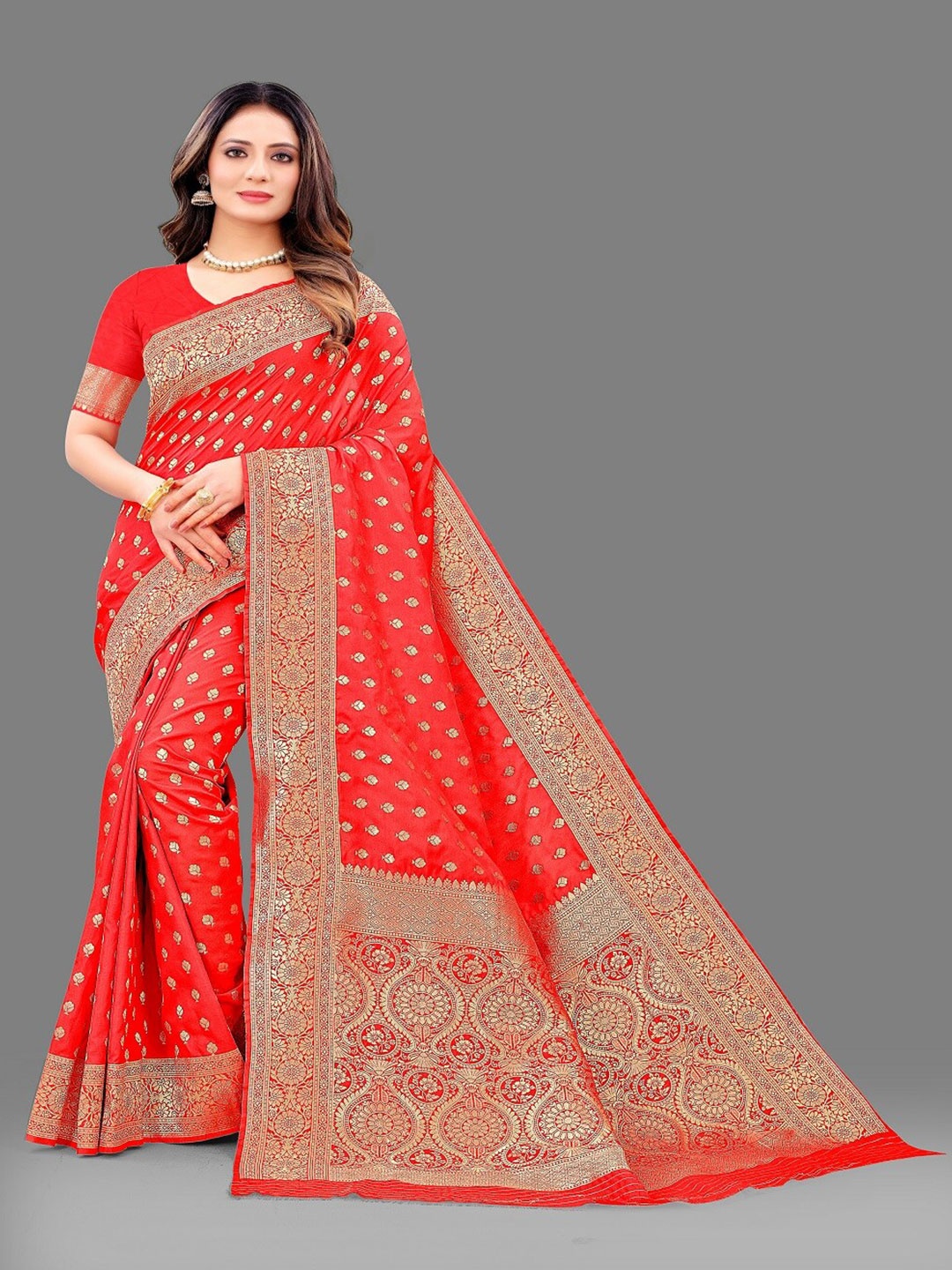 

faxofab Woven Design Zari Pure Silk Banarasi Saree, Red