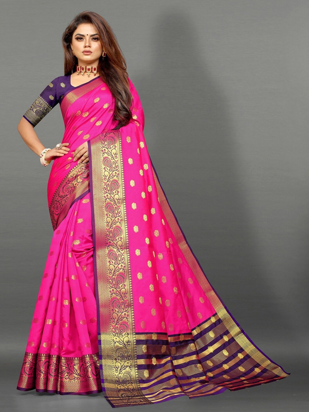 

faxofab Woven Design Zari Pure Silk Designer Banarasi Saree, Pink