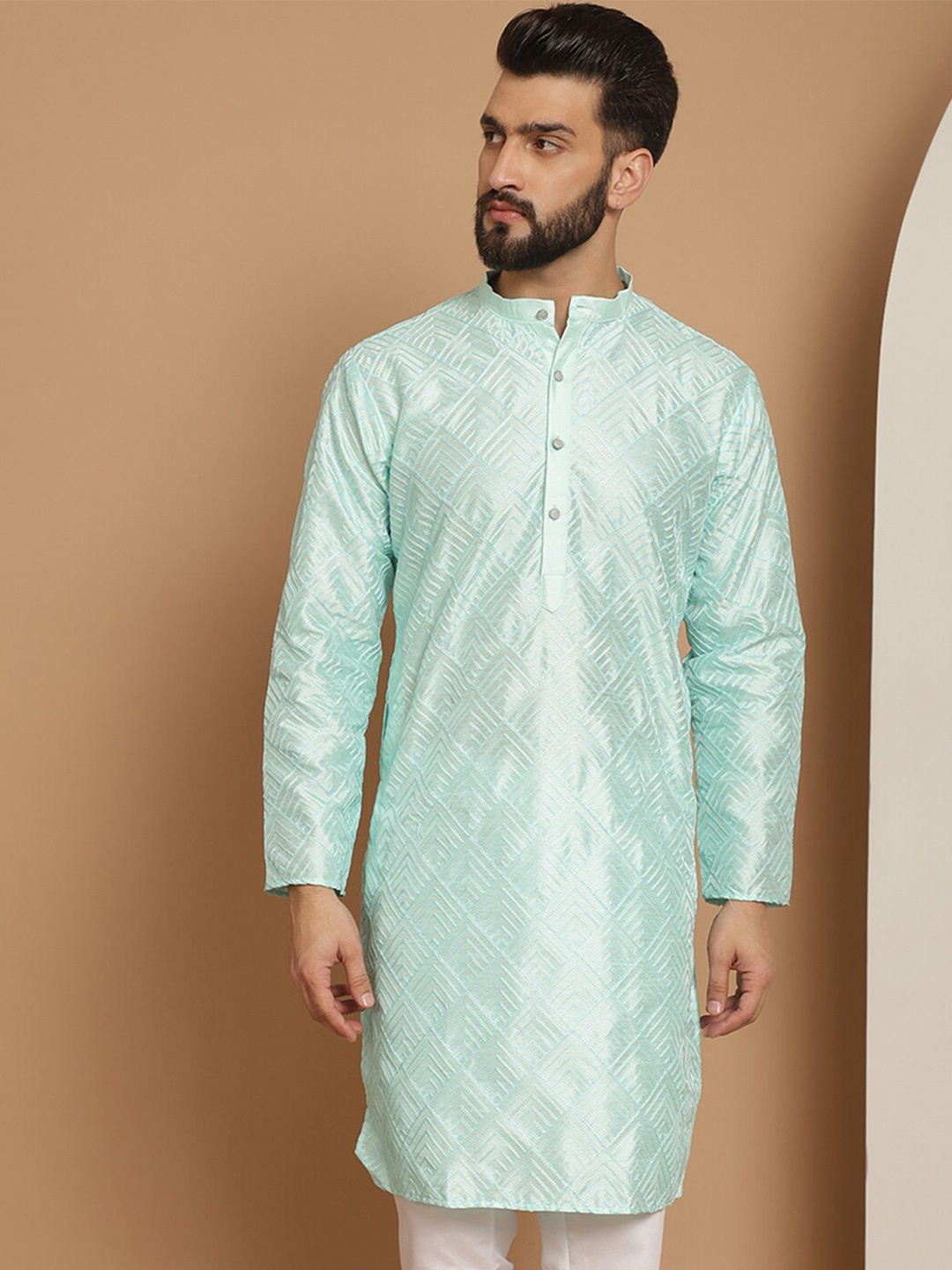 

Anouk Sea Green Geometric Embroidered Thread Work Detailed Silk Cotton Straight Kurta