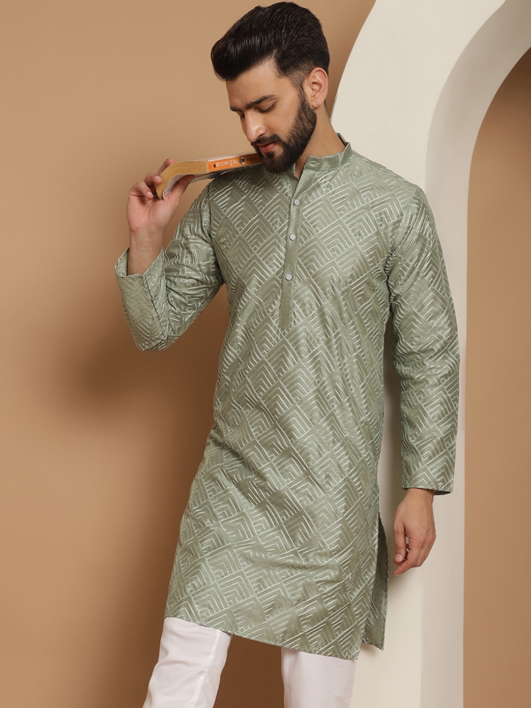 

Anouk Men Olive Green Cold-Shoulder Sleeves Mirror Work Kurta