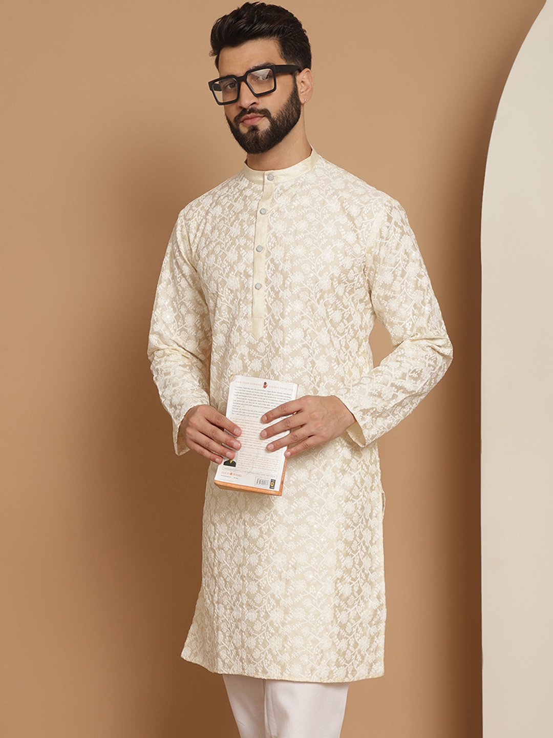 

Anouk Men Cream-Coloured Ethnic Motifs Thread Work Kurta