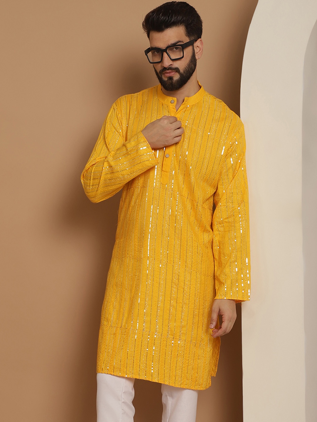 

Anouk Men Mustard Yellow Ethnic Motifs Thread Work Kurta