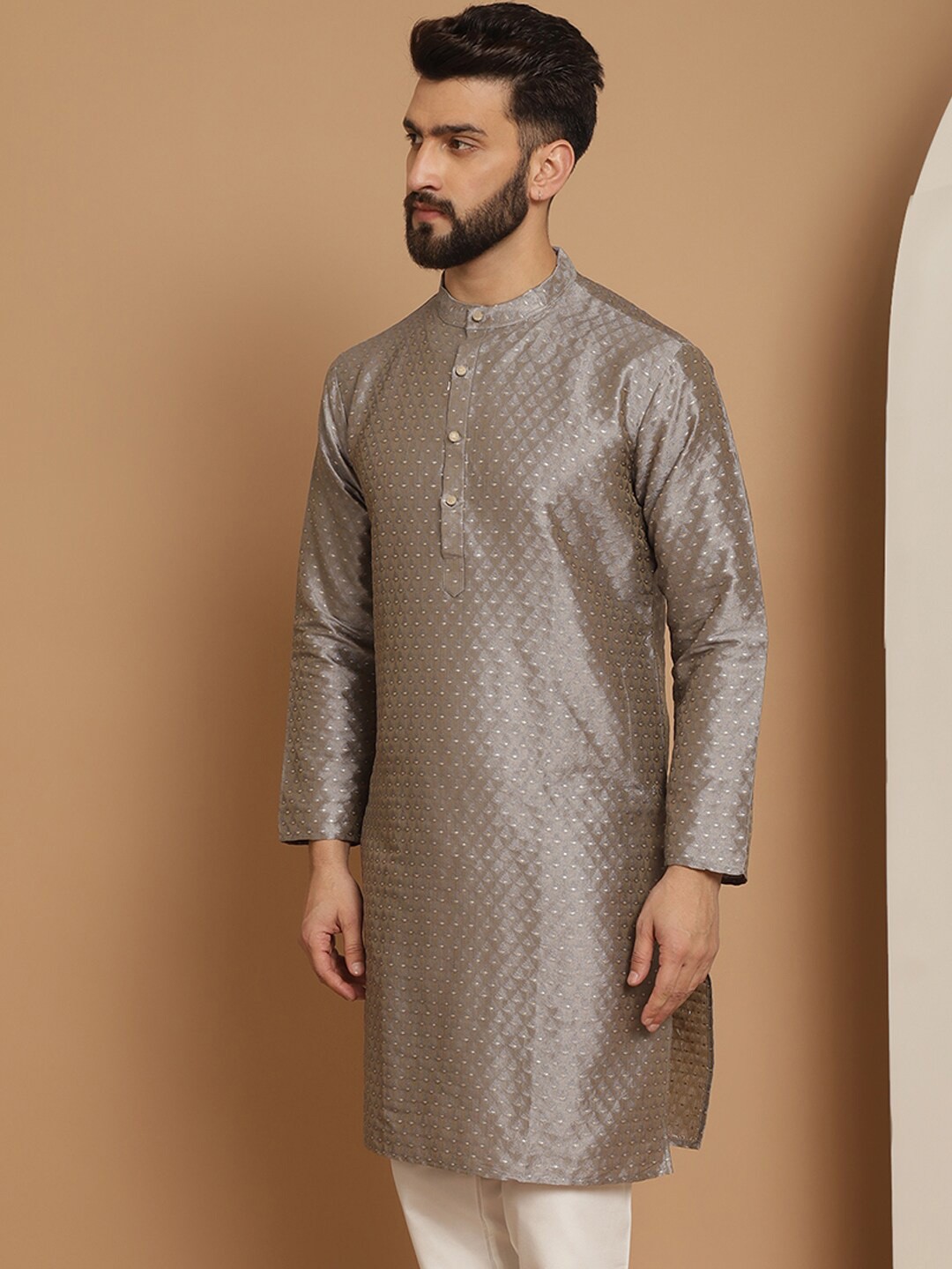 

Anouk Grey Ethnic Motifs Jacquard Silk Woven Design Band Collar Straight Kurta