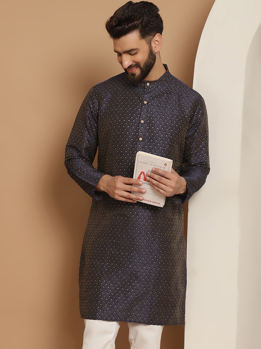 Anouk Men Navy Blue Flared Sleeves Thread Work Kurta