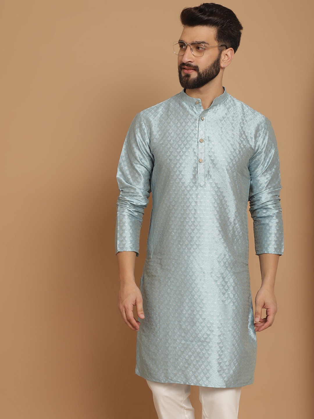 

Anouk Men Blue Geometric Thread Work Kurta