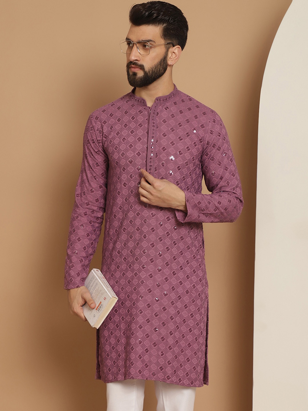 

Anouk Men Purple Ethnic Motifs Flared Sleeves Thread Work Kurta