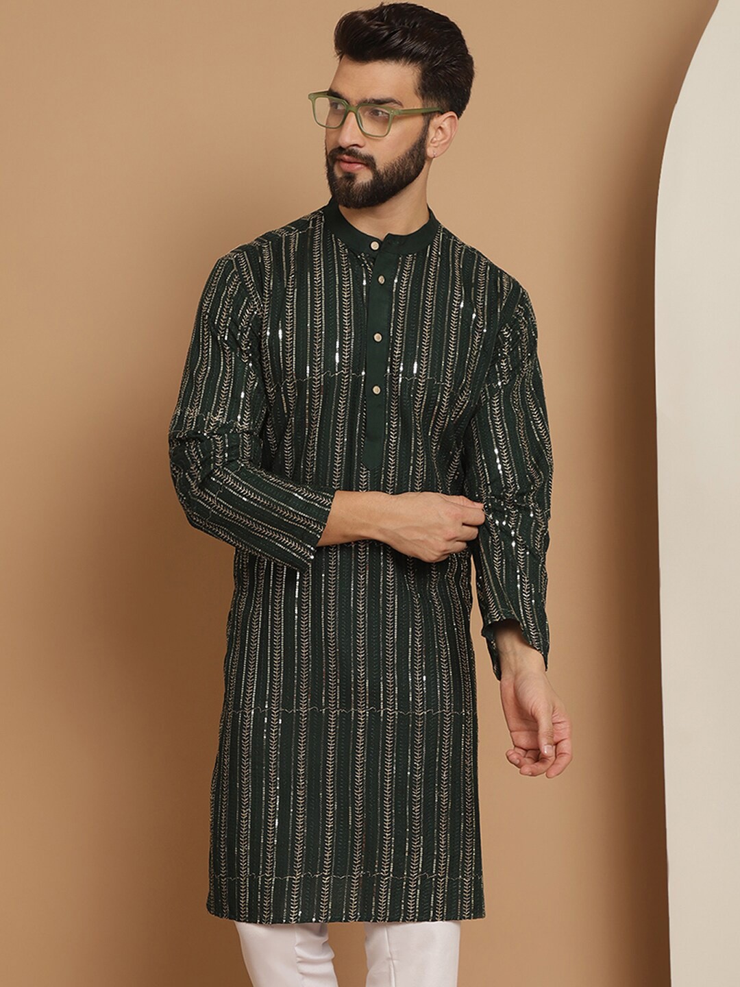 

Anouk Green Striped Band Collar Sequinned Detailed Cotton Straight Kurta