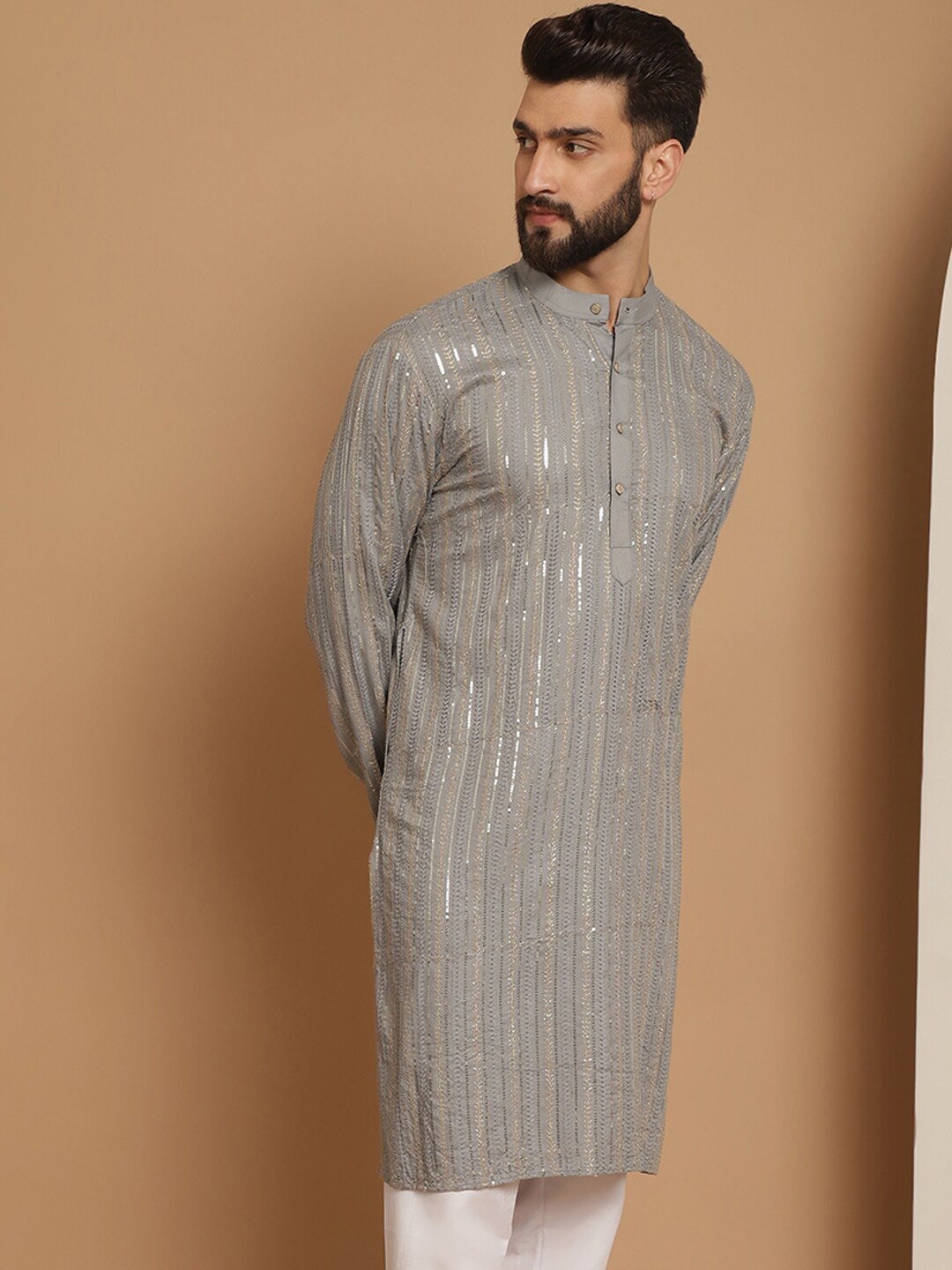 

Anouk Grey Striped Band Collar Sequinned Detailed Cotton Straight Kurta