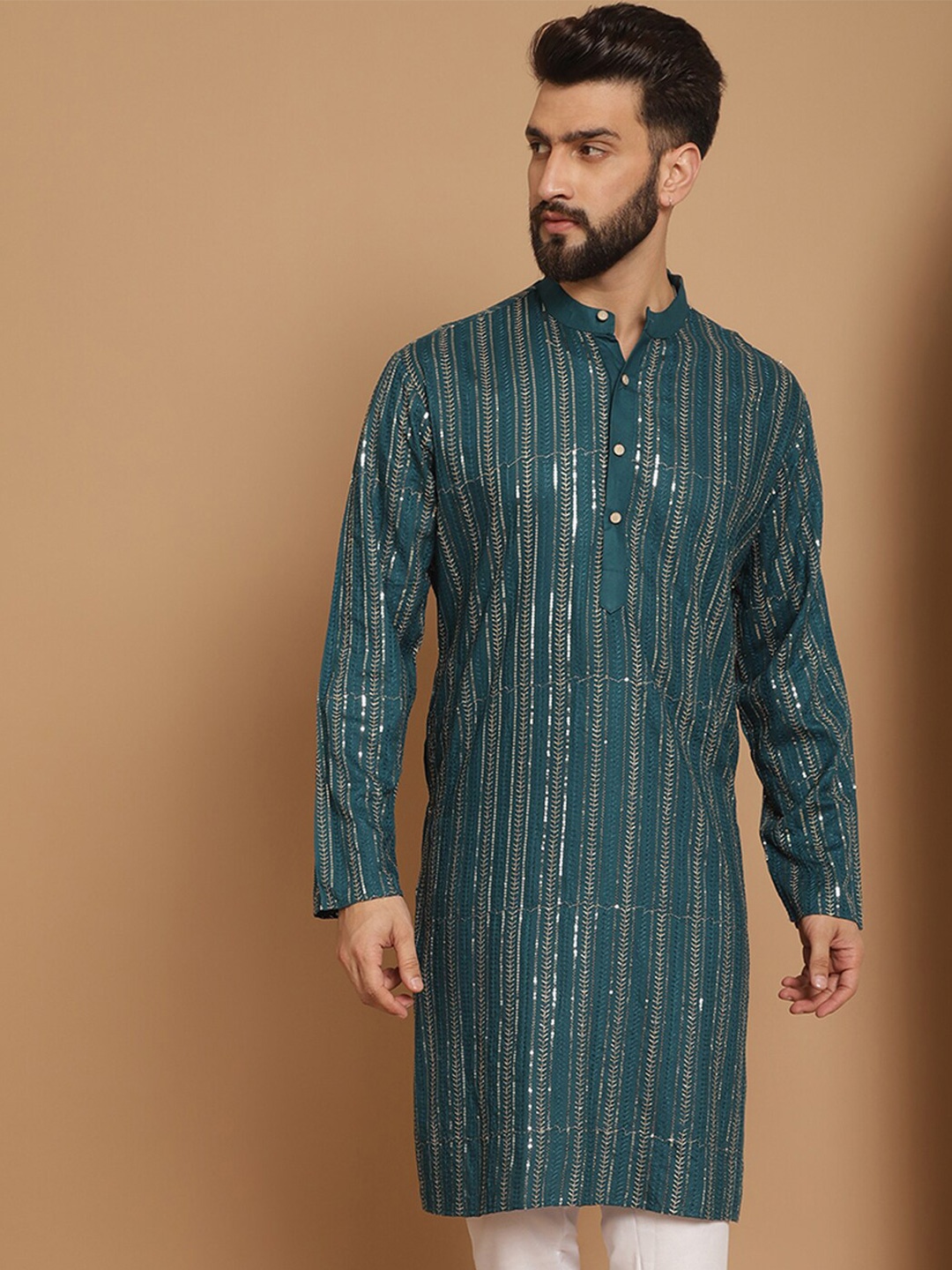 

Anouk Teal Striped Band Collar Sequinned Detailed Cotton Straight Kurta
