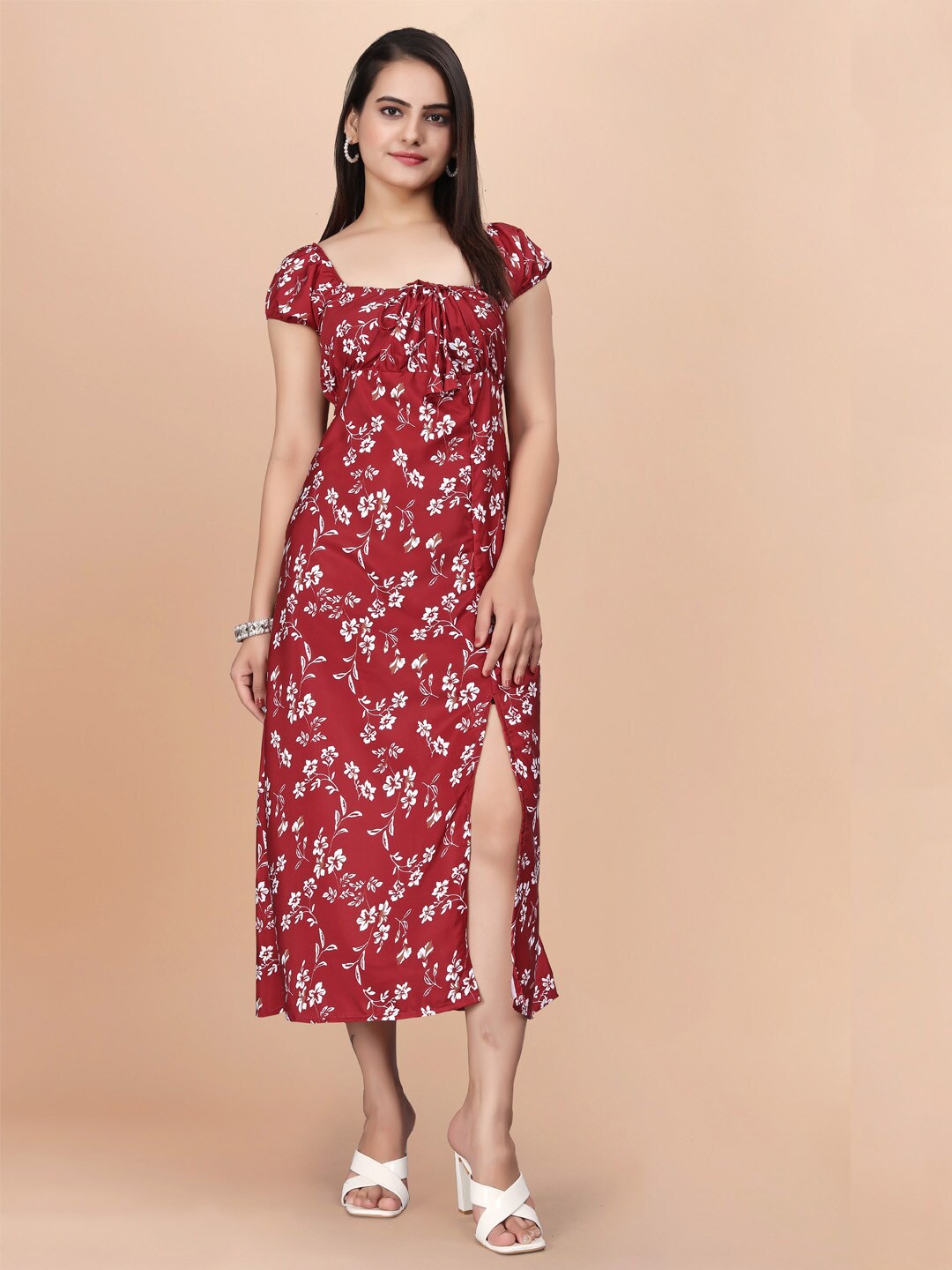 

FORKEY Floral Printed Square Neck Gathered A-Line Midi Dress, Maroon