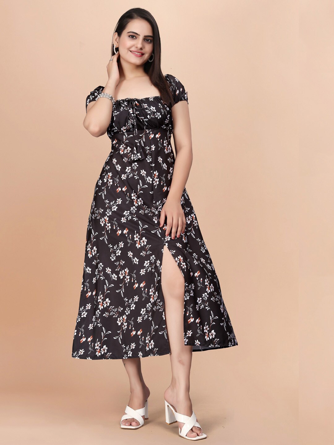 

FORKEY Floral Printed Gathered A-Line Midi Dress, Black