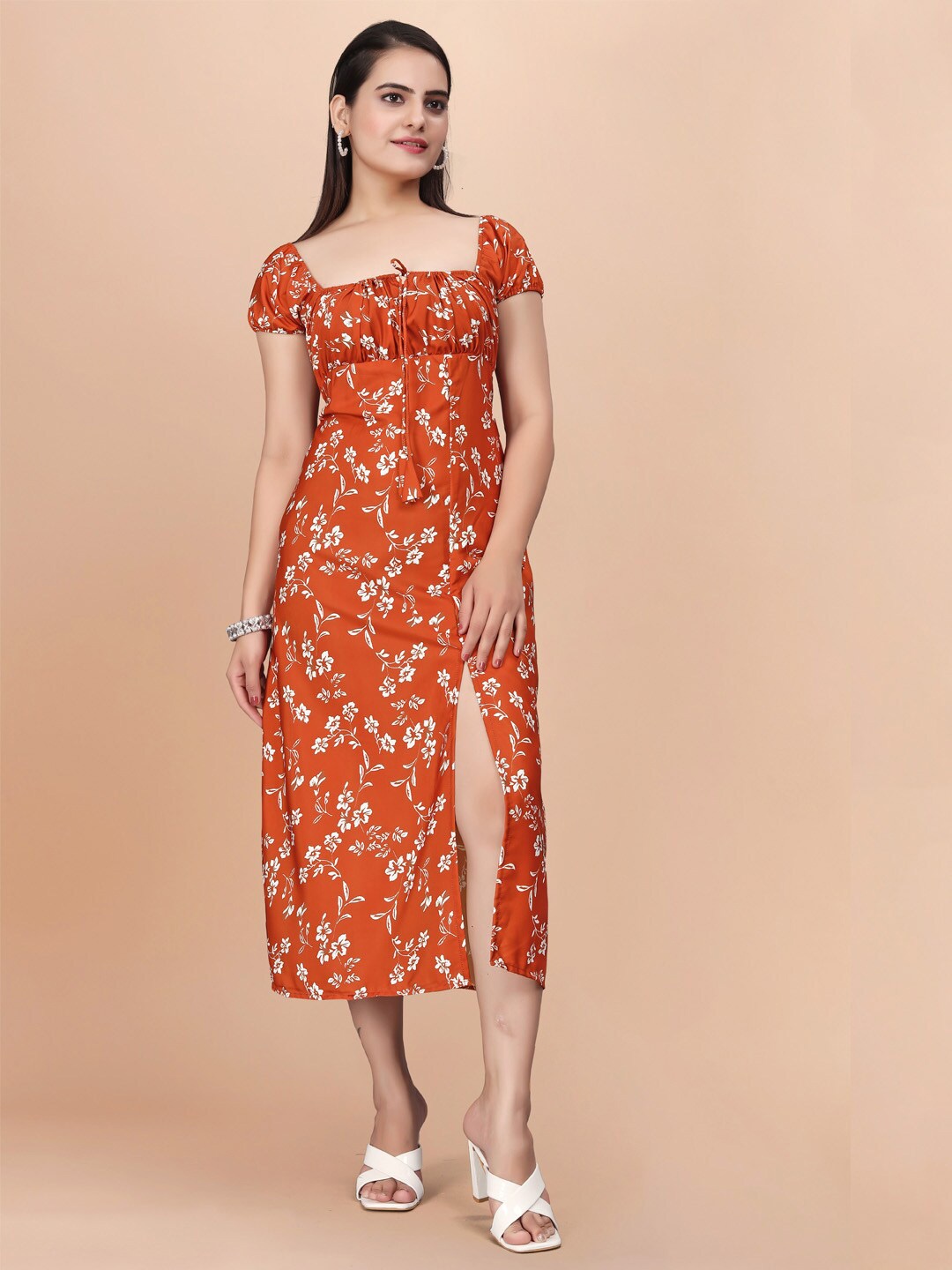 

FORKEY Floral Printed Square Neck Gathered A-Line Midi Dress, Orange