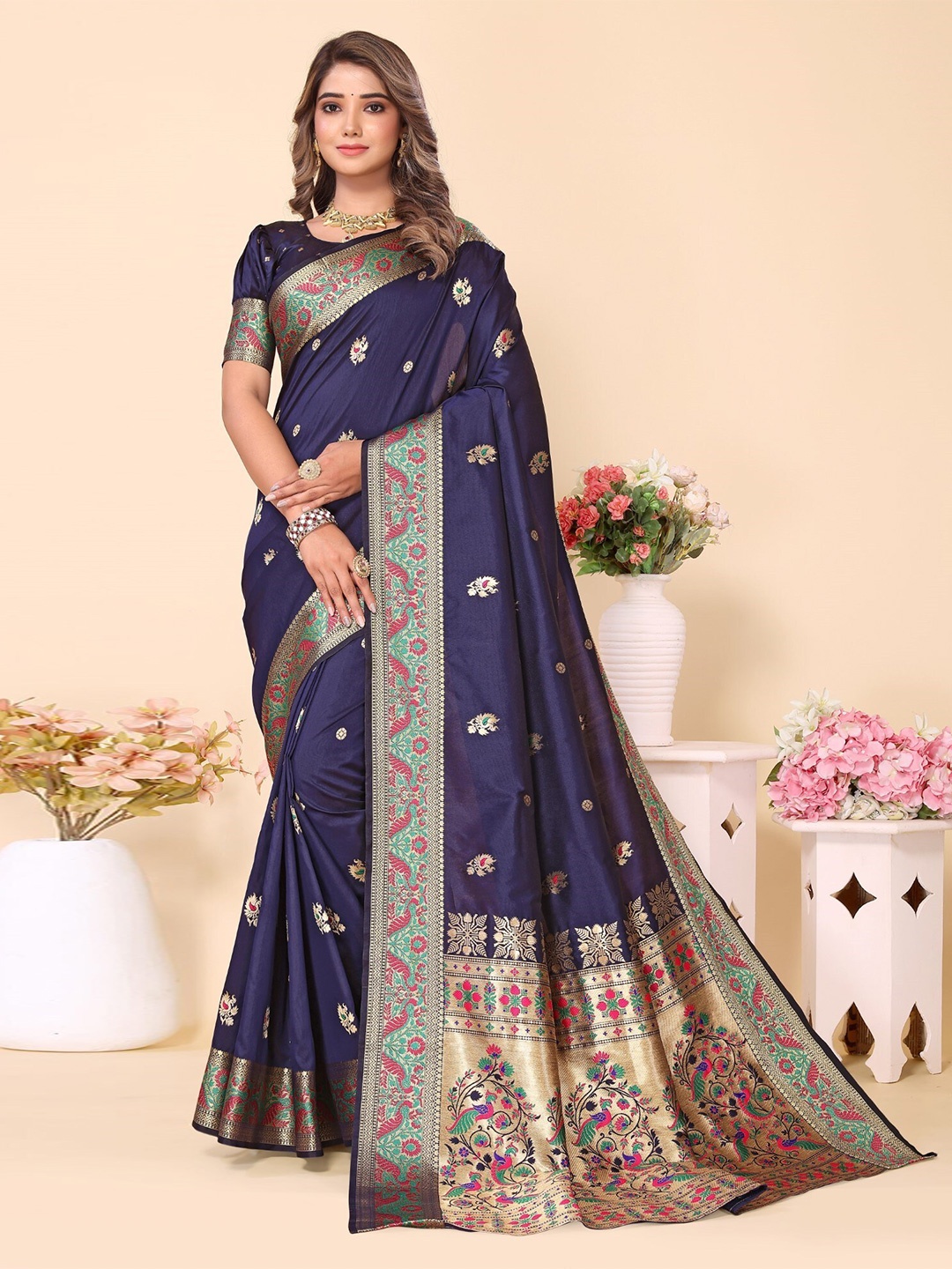 

LeeliPeeri Designer Woven Design Zari Silk Paithani Saree, Navy blue