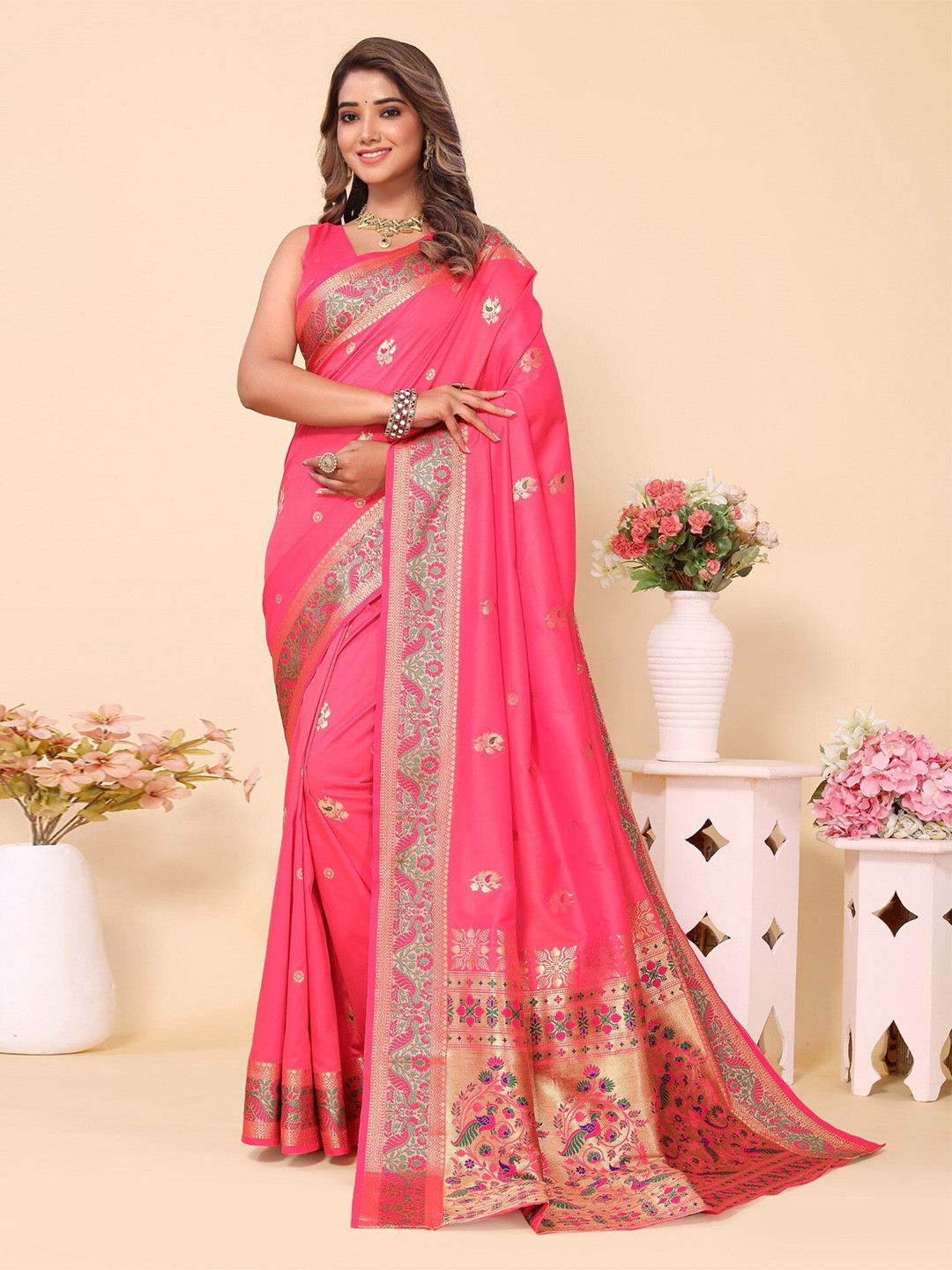 

LeeliPeeri Designer Woven Design Zari Silk Paithani Saree, Peach