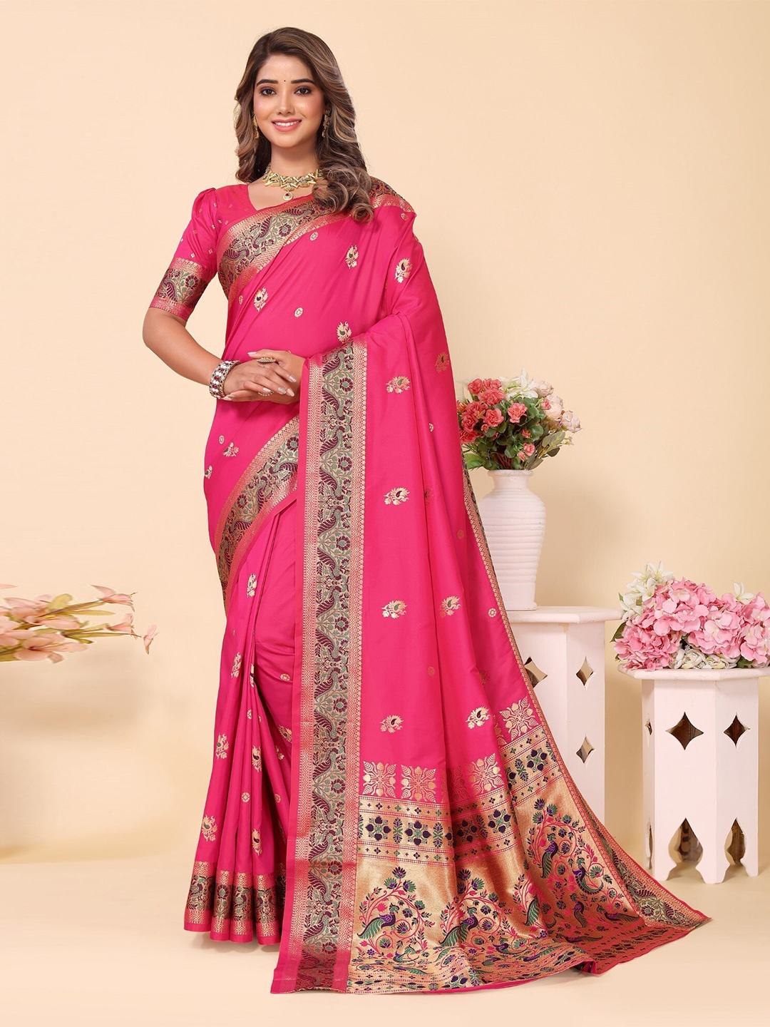 

LeeliPeeri Designer Woven Design Zari Silk Paithani Saree, Pink