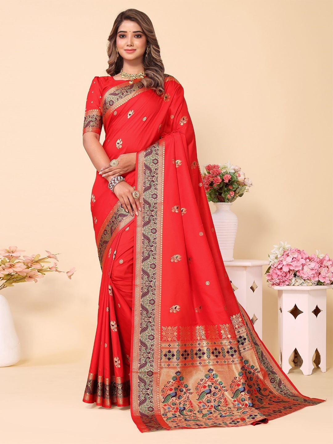 

LeeliPeeri Designer Ethnic Motifs Zari Silk Paithani Saree, Red