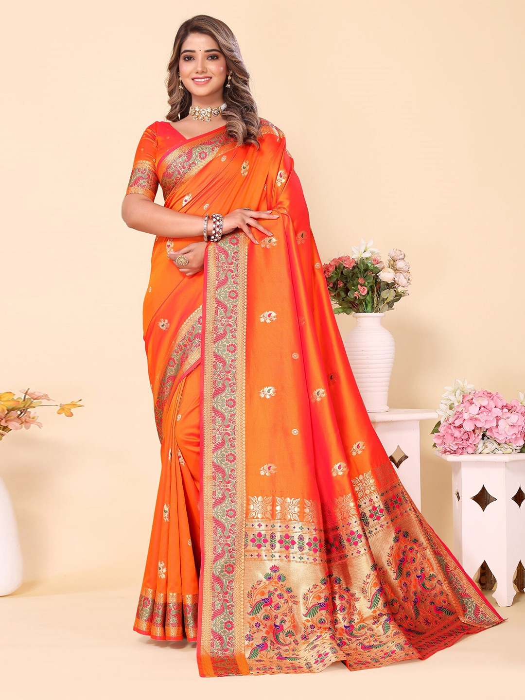 

LeeliPeeri Designer Woven Design Zari Silk Paithani Saree, Orange