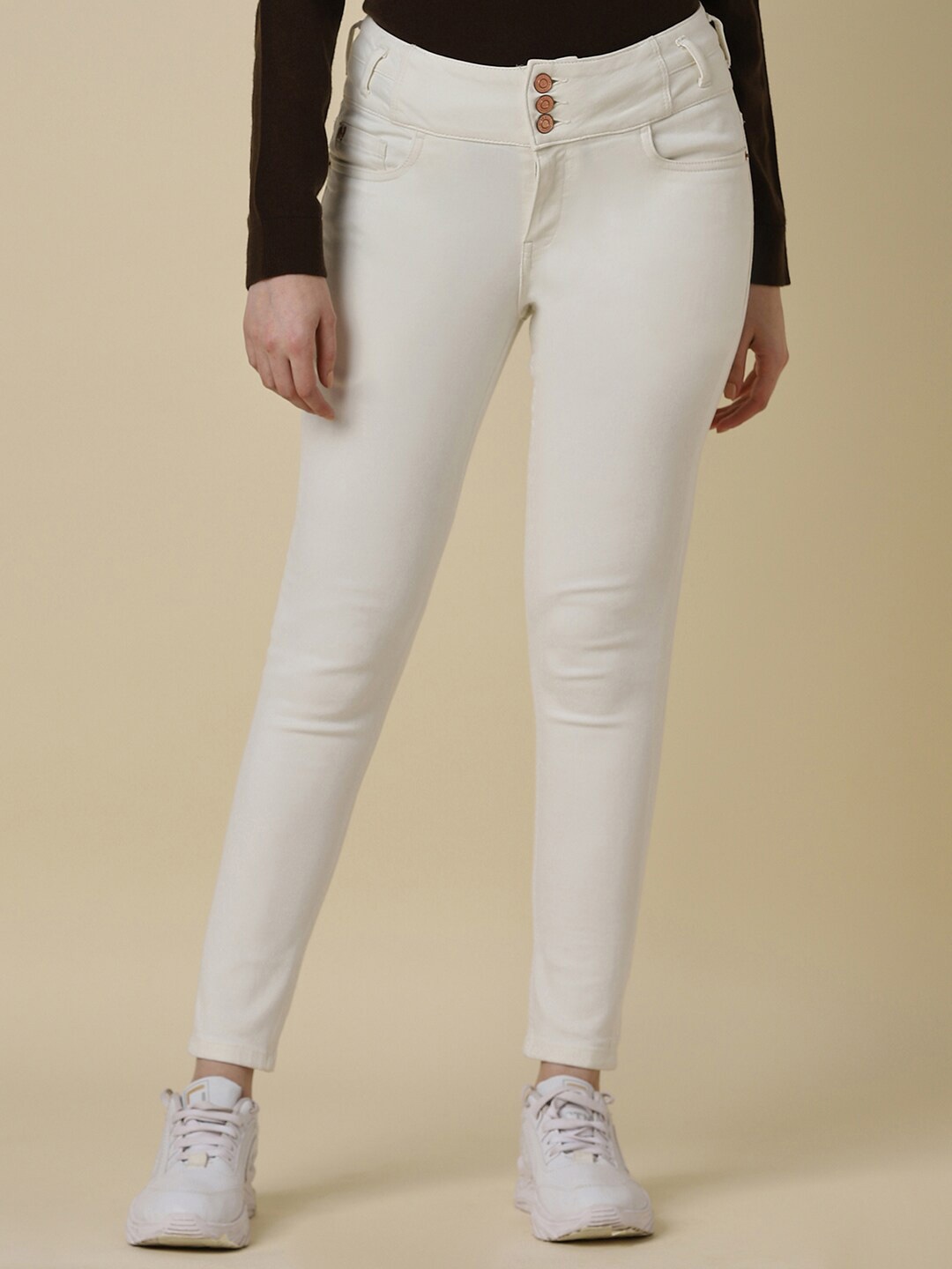 

Allen Solly Woman Skinny Fit Mid-Rise Clean Look Stretchable Jeans, Cream