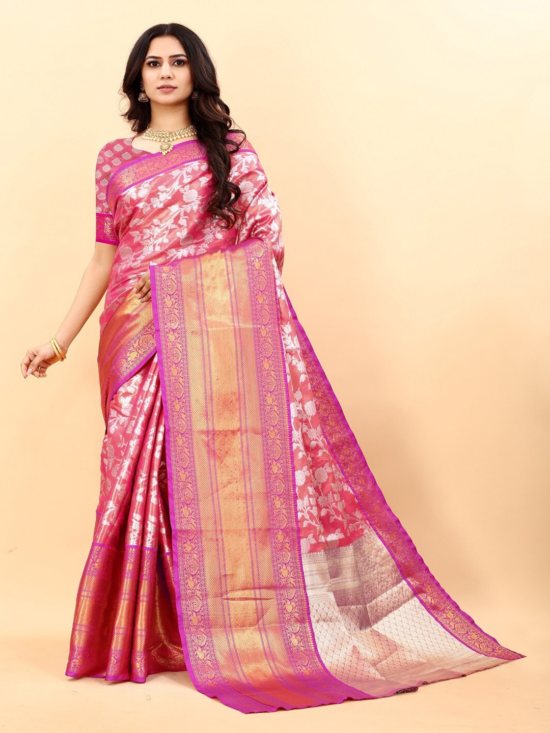 

faxofab Ethnic Motifs Woven Design Zari Pure Silk Banarasi Saree, Pink