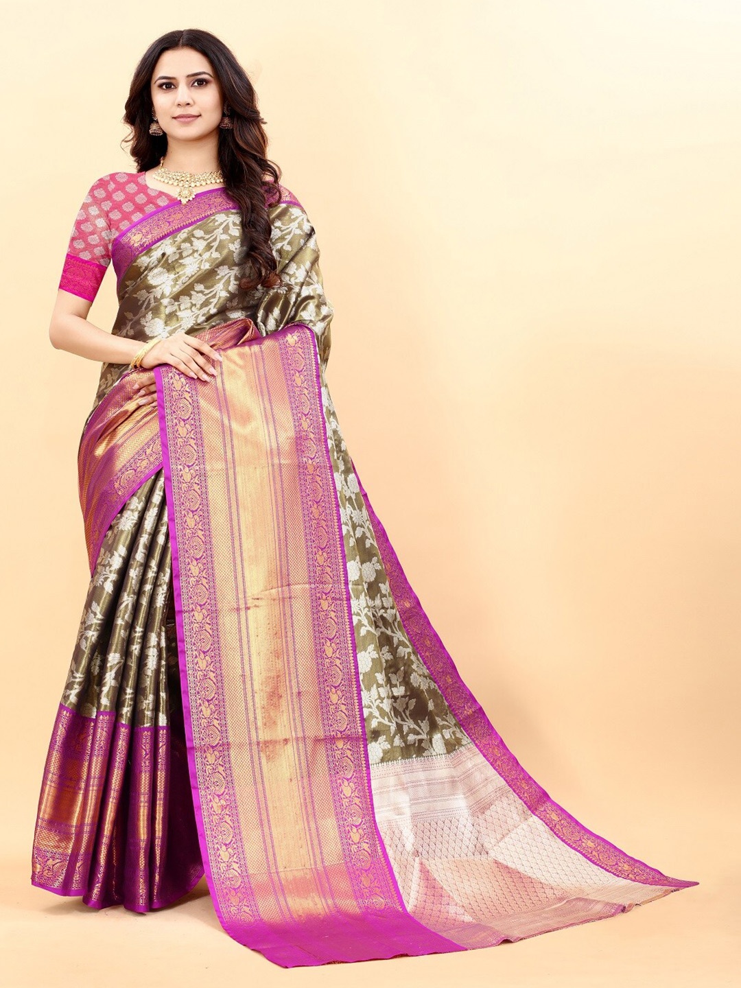 

faxofab Ethnic Motifs Woven Design Zari Pure Silk Banarasi Saree, Sea green
