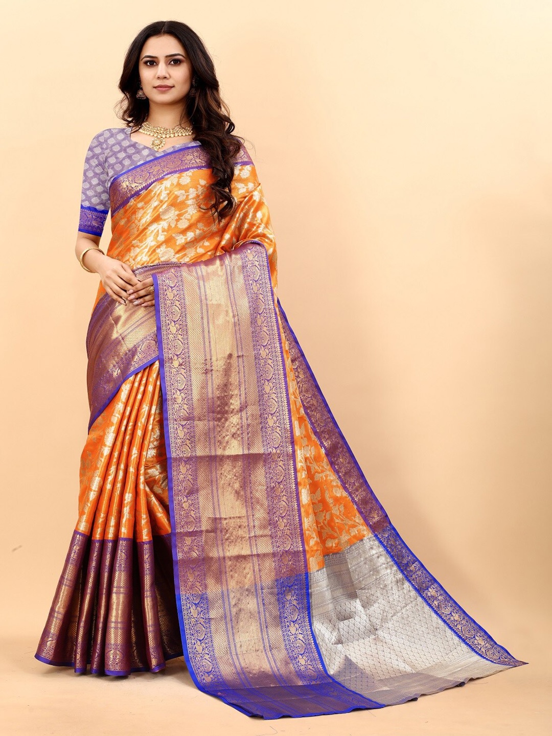 

faxofab Ethnic Motifs Woven Design Zari Pure Silk Banarasi Saree, Orange