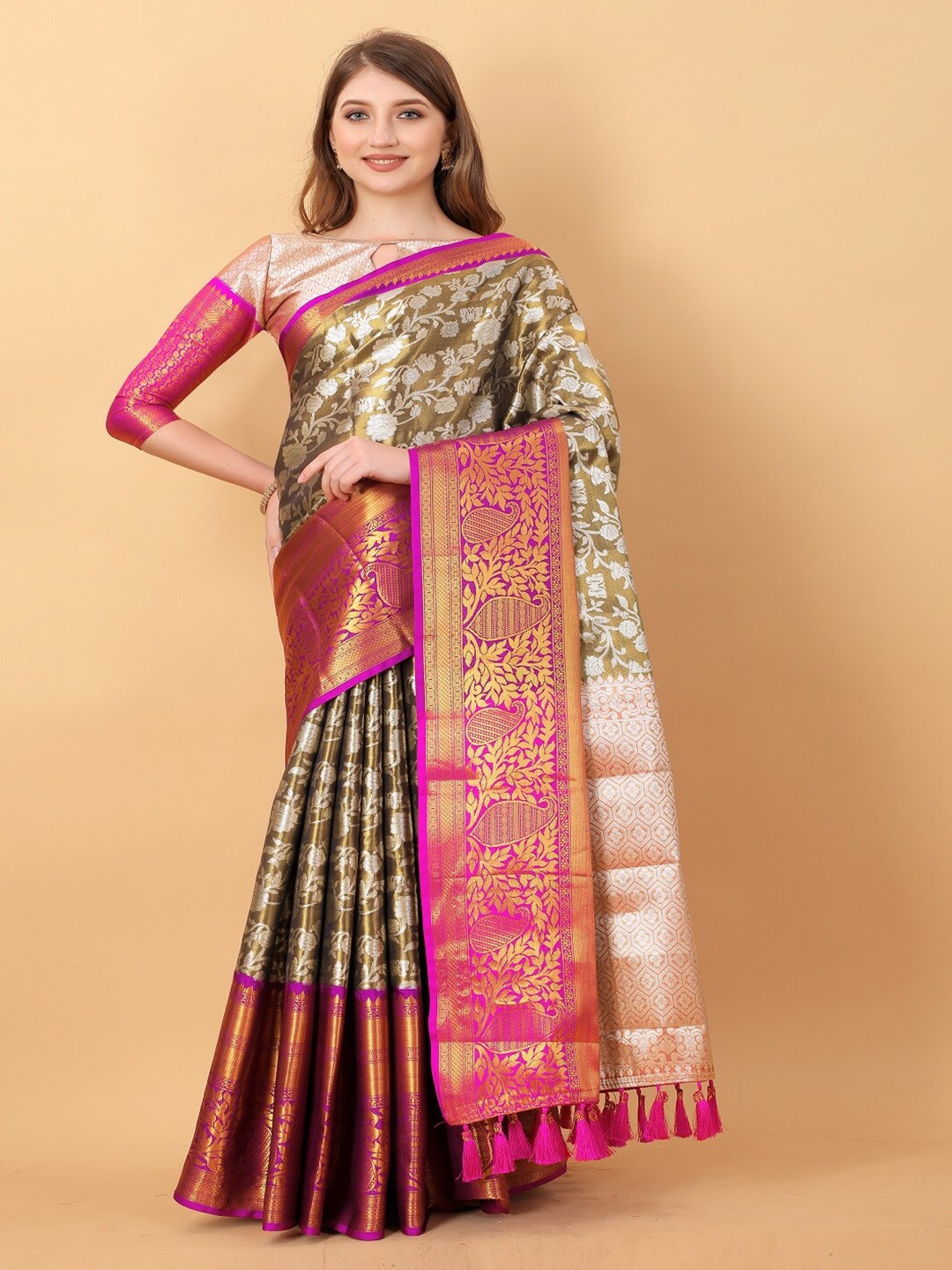 

faxofab Ethnic Motifs Design Zari Pure Silk Designer Banarasi Saree, Black