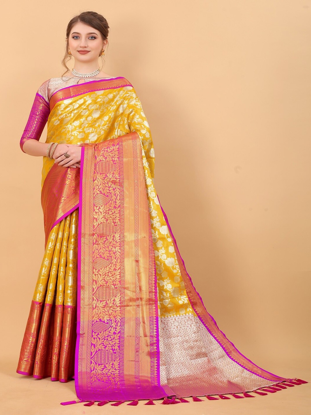 

faxofab Ethnic Motifs Woven Design Zari Pure Silk Banarasi Saree, Yellow