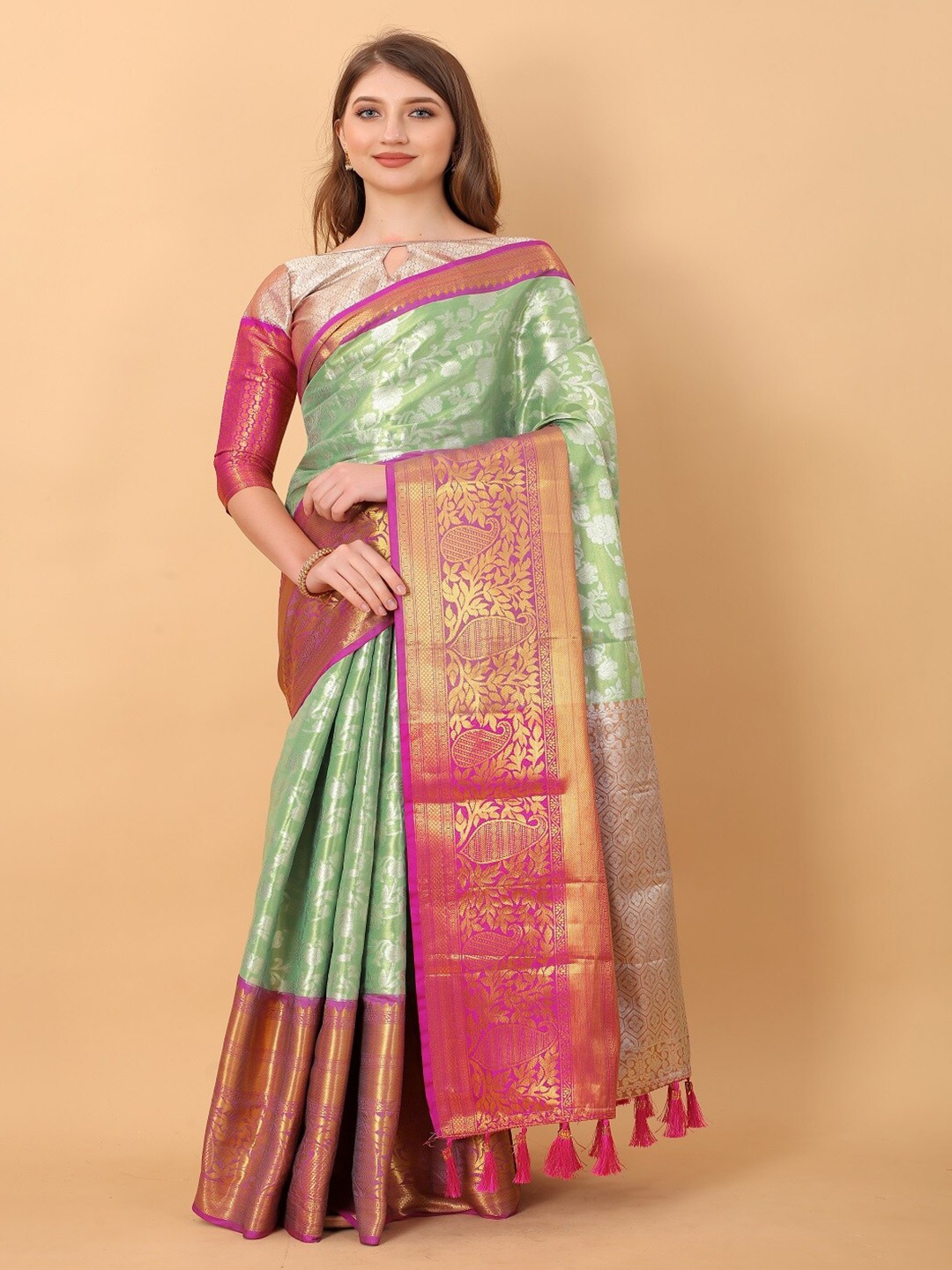 

faxofab Woven Design Zari Pure Silk Banarasi Saree, Green