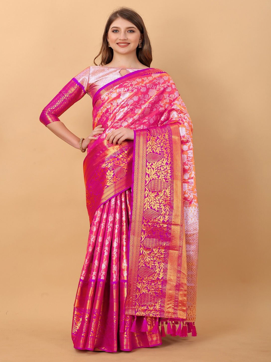 

faxofab Woven Design Zari Pure Silk Designer Banarasi Saree, Pink