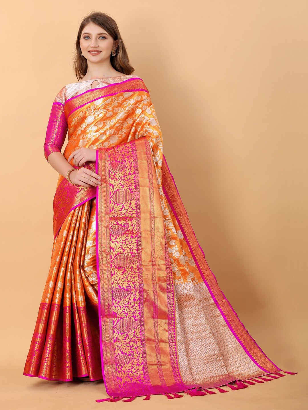 

faxofab Woven Design Zari Pure Silk Designer Banarasi Saree, Orange