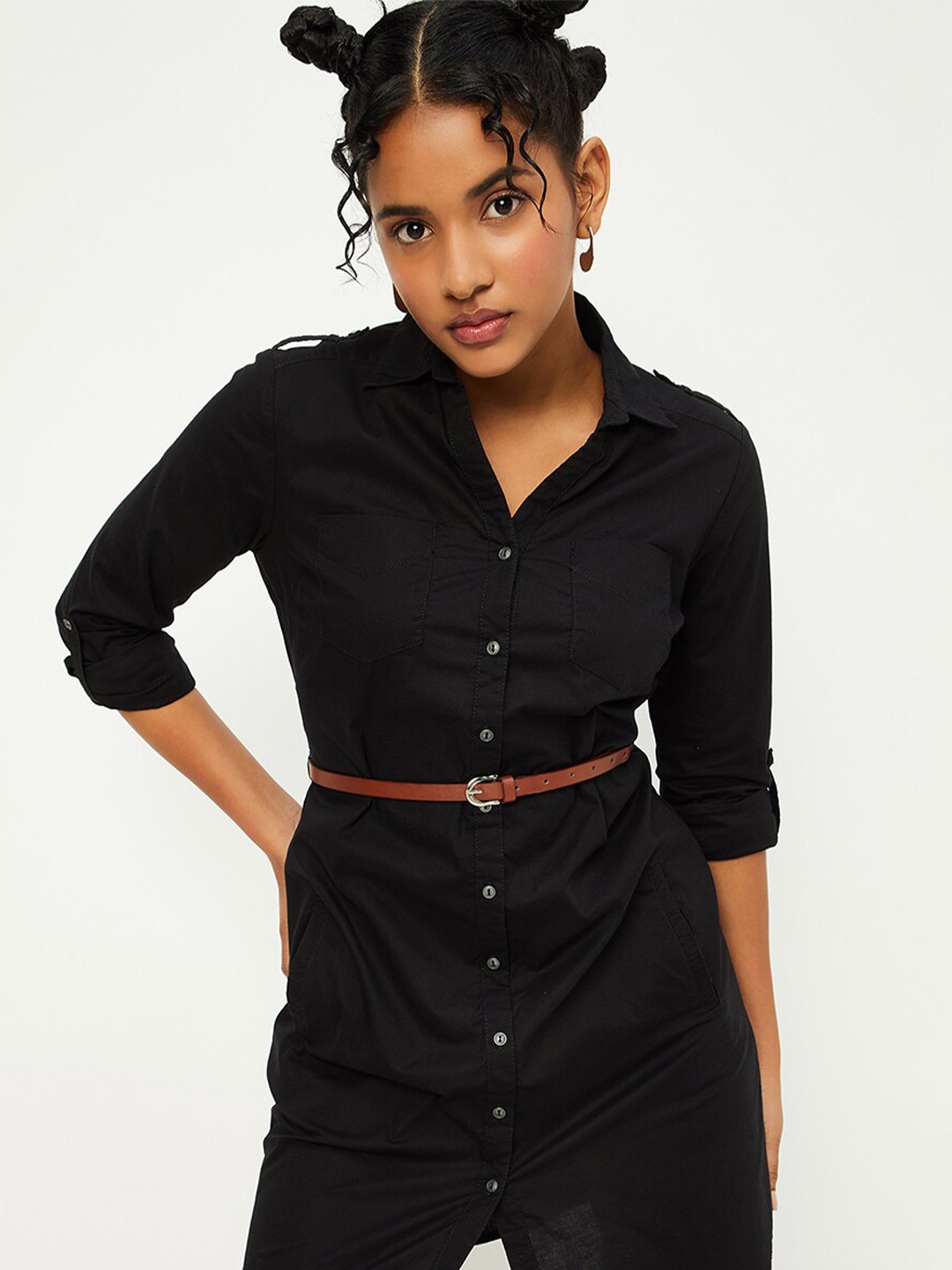 

max Curved Hem Solid Shirt Dress, Black