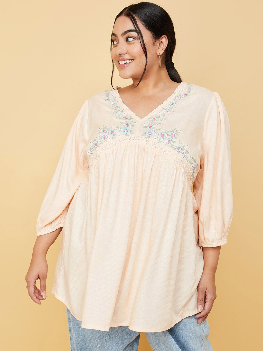 

max Plus Size Floral Embroidered Ethnic Tunic, Orange