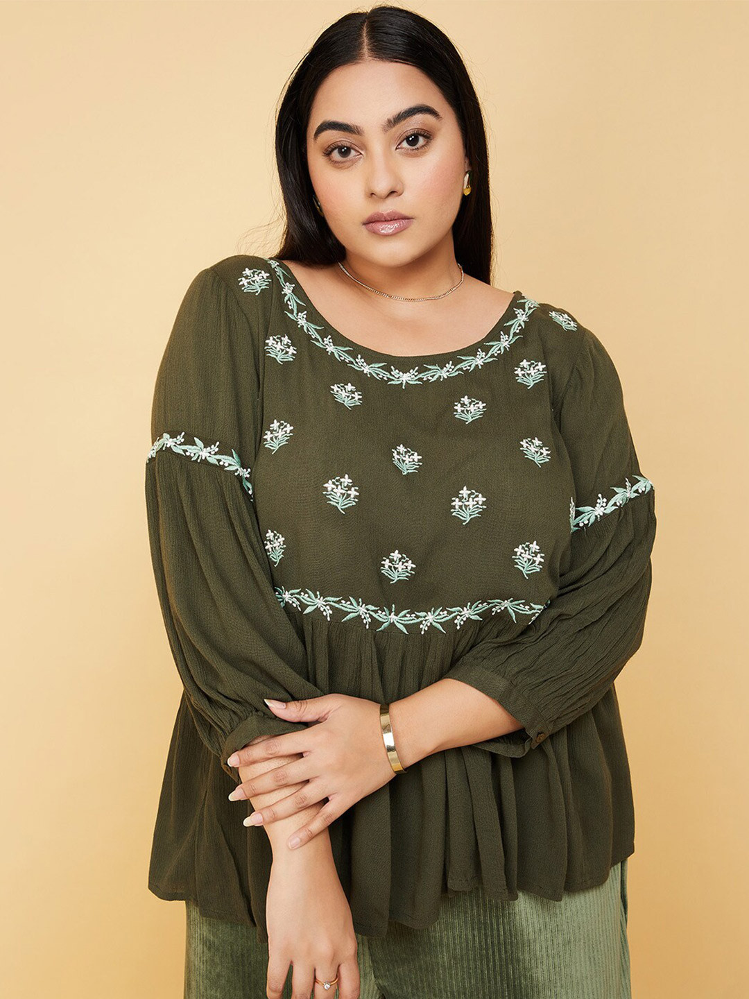 

max Floral Embroidered Puff Sleeves Peplum Top, Olive