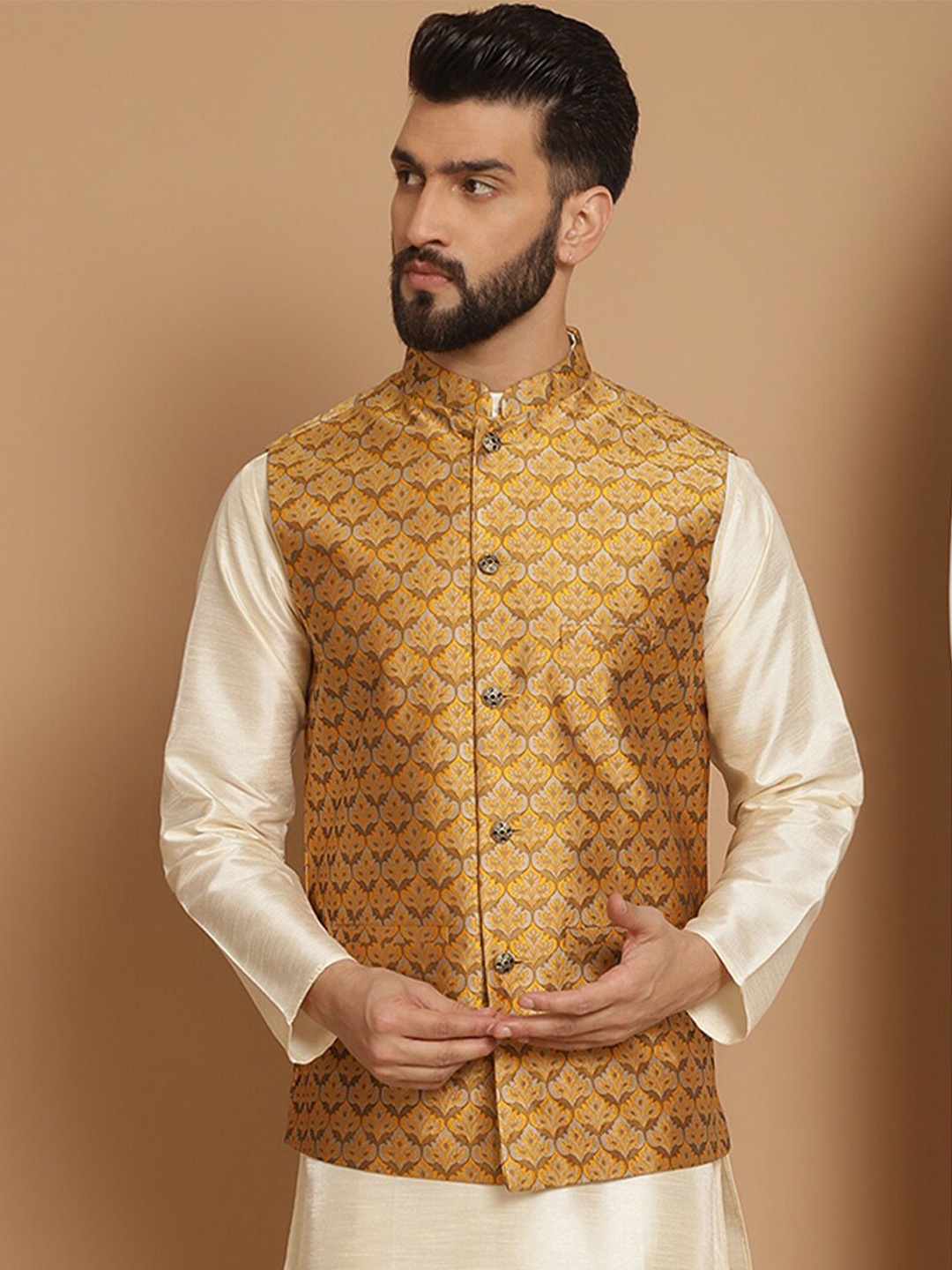 

Anouk Mustard Printed Mandarin Collar Nehru Jacket