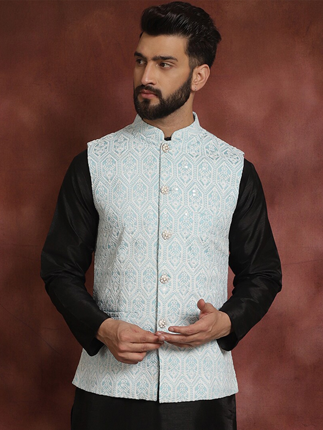 

Anouk Blue Embroidered Mandarin Collar Nehru Jacket