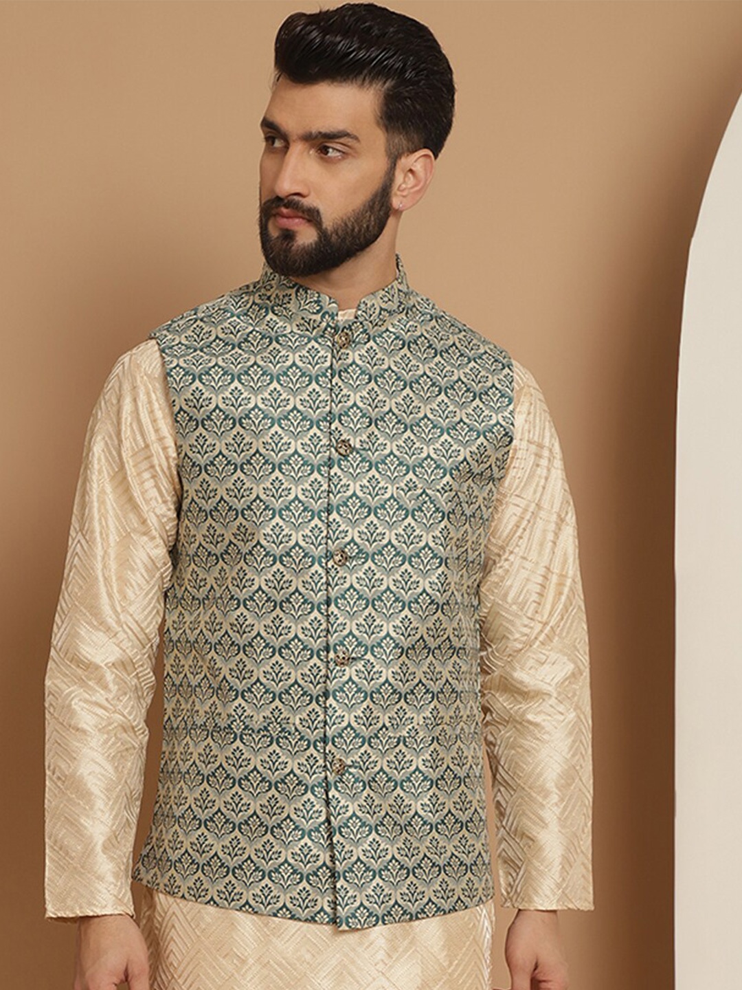 

Anouk Green Woven Design Mandarin Collar Nehru Jacket