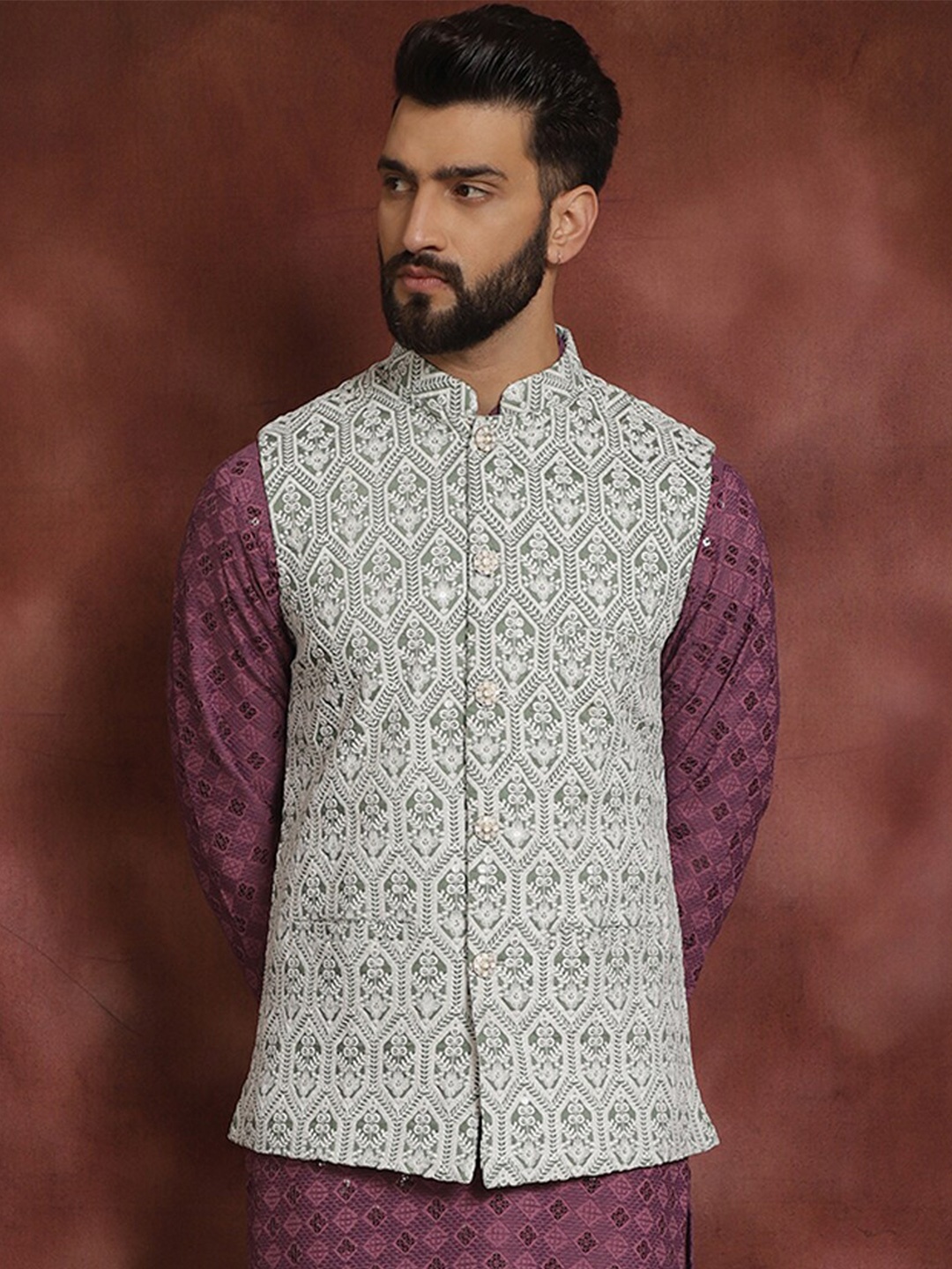 

Anouk Green Embroidered Mandarin Collar Nehru Jacket