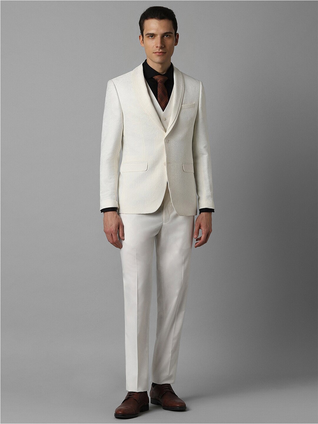 

Louis Philippe Slim-Fit Single-Breasted Three-Piece Party Suit, Cream