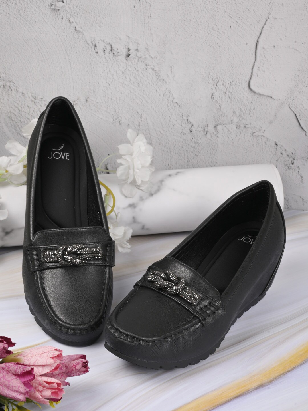 

Jove Embellished Round Toe Platform Heels With Bow, Black