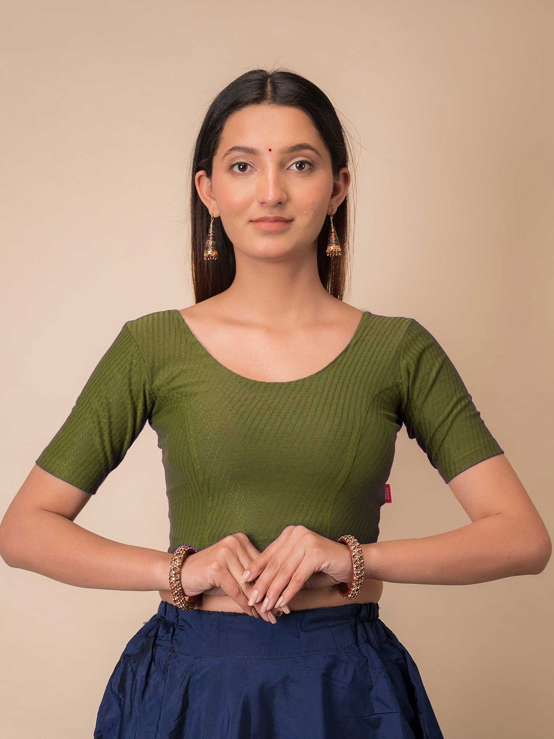 

Bindigasm's Advi Woven Design Stretchable Cotton Saree Blouse, Olive