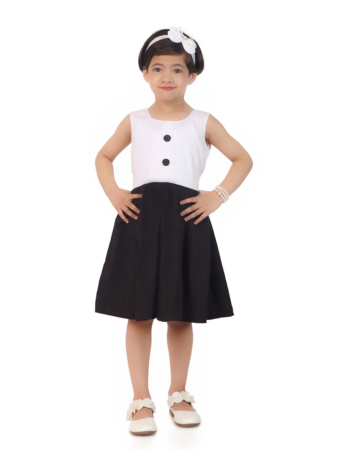 

R Cube Girls Colourblocked Round Neck Crepe Fit & Flare Dress, White