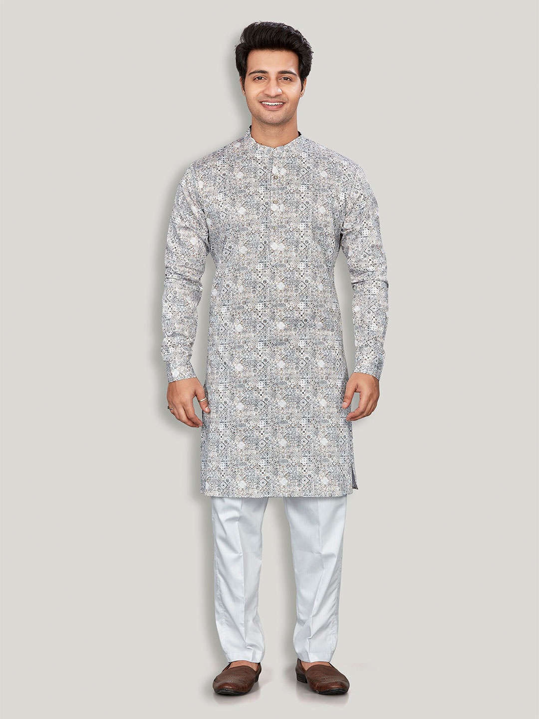 

Authentics Mandarin Collar Long Sleeves Ethnic Printed Straight Cotton Kurta with Pyjamas, White