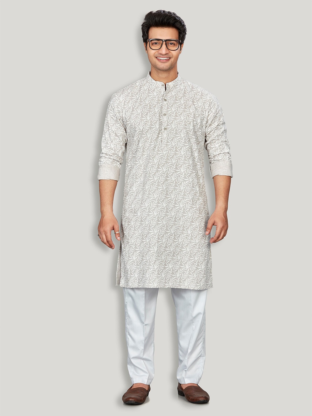 

Authentics Mandarin Collar Floral Printed Straight Pure Cotton Kurta with Pyjamas, Beige