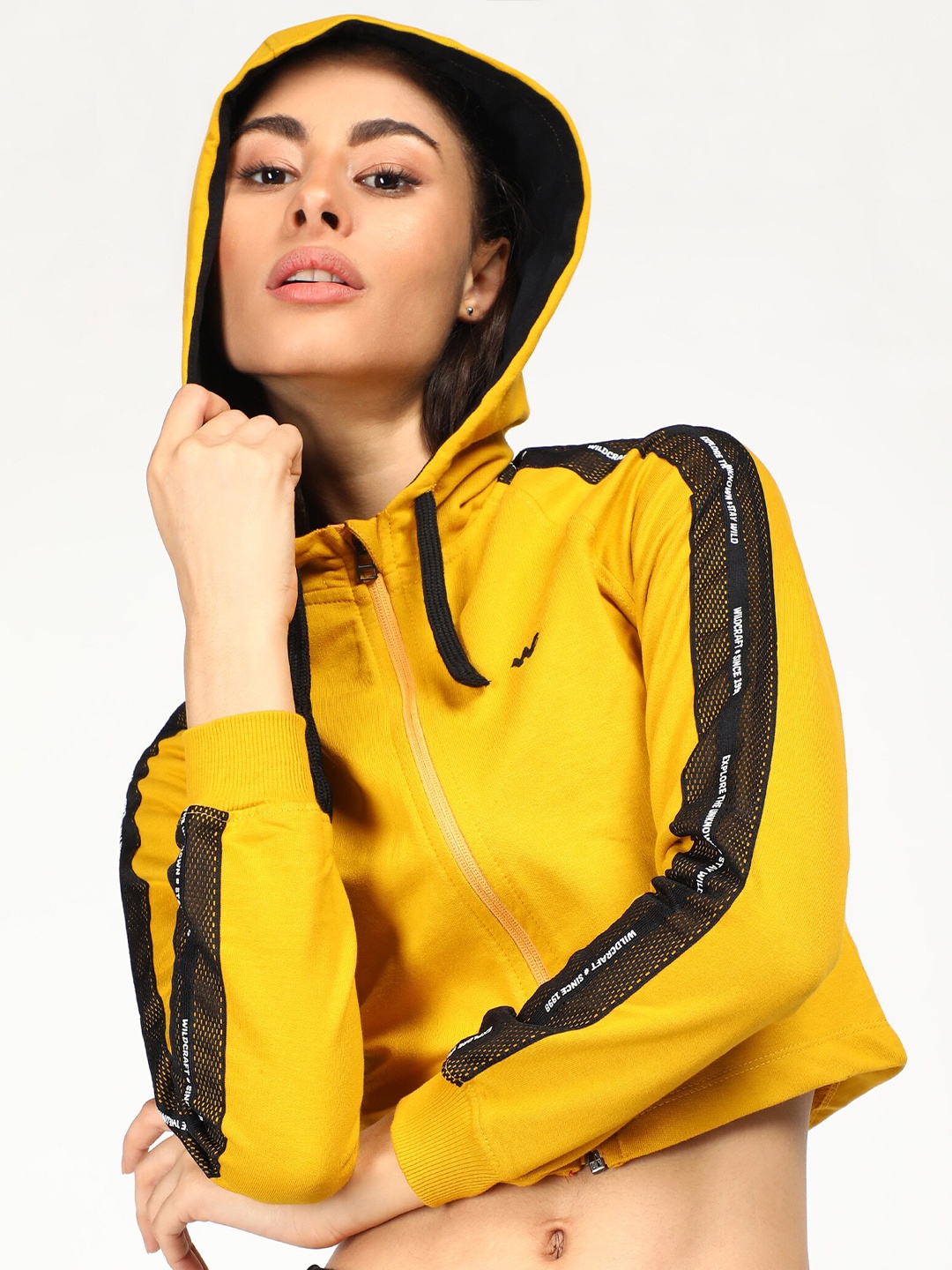 

Wildcraft Front Open Long Sleeves Detachable Hood Cotton Crop Sweatshirt, Mustard